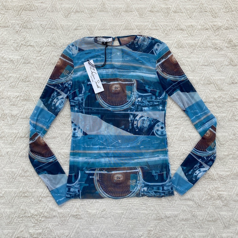 LaQuan Smith blue mesh long sleeve top NWT